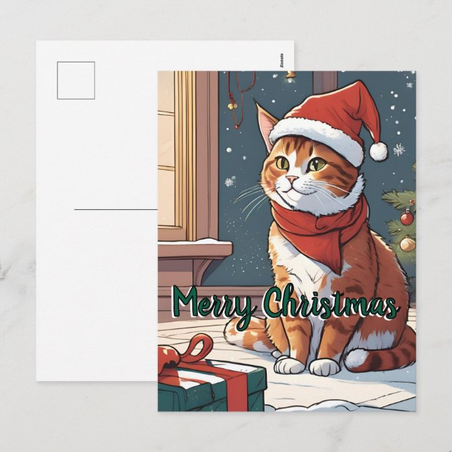 Orange cat with Christmas hat cute animal pet  Holiday Postcard (Front/Back)