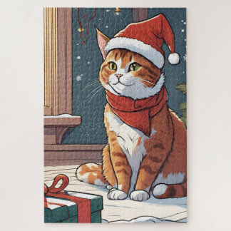 Orange cat with Christmas hat cute animal pet  Jigsaw Puzzle