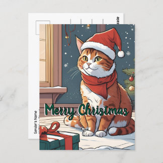 Orange cat with Christmas hat cute animal pet  Postcard