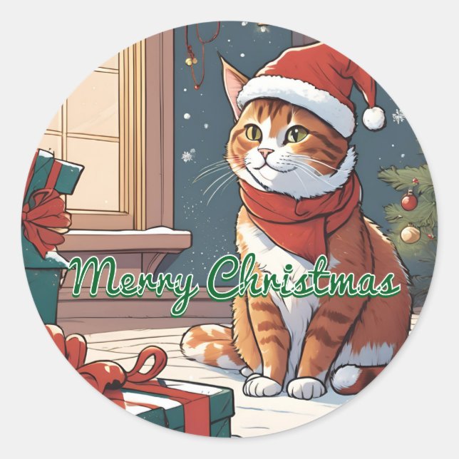 Orange cat with Christmas hat cute Pet Animal Classic Round Sticker (Front)