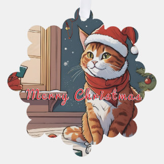 Orange cat with Christmas hat cute Pet Animal  Tree Decoration Card
