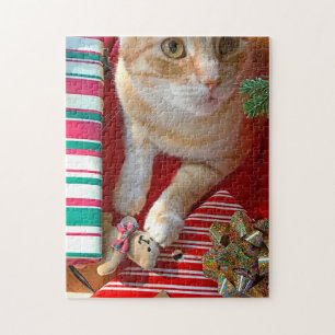 Orange cat with Christmas presents Jigsaw Puzzle