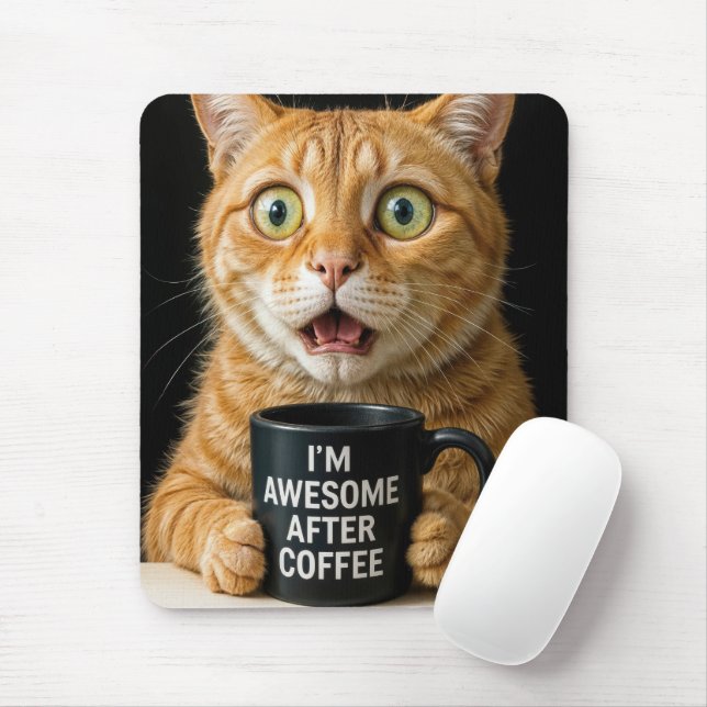 Orange Cat With Fun Coffee Mug Mouse Mat (With Mouse)