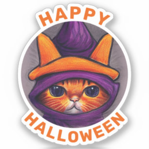 Orange Cat with Purple Witch Hat Halloween