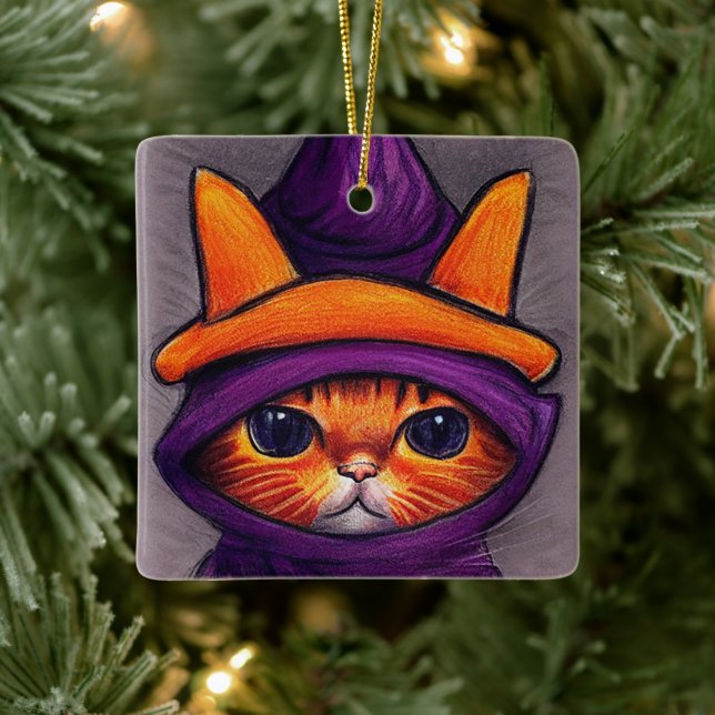 Orange Cat with Purple Witch Hat Halloween Ceramic Ornament (Tree)