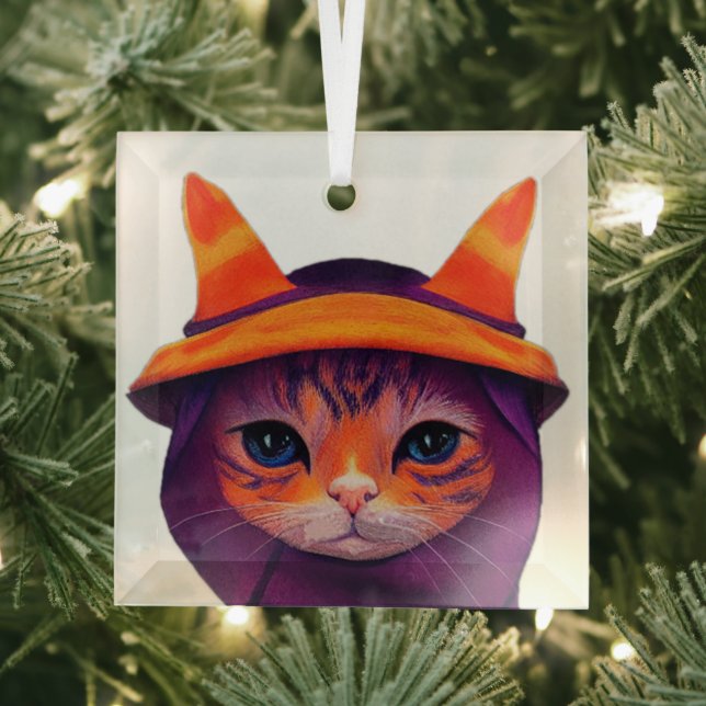Orange Cat with Purple Witch Hat Halloween Glass Tree Decoration (Insitu)