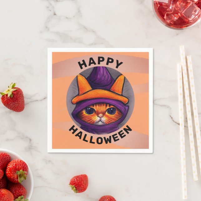 Orange Cat with Purple Witch Hat Halloween Party  Napkin (Insitu)