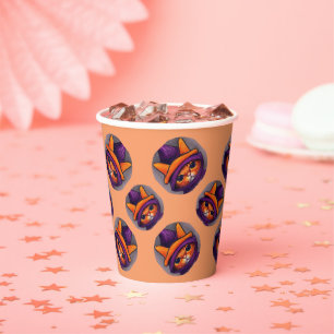 Orange Cat with Purple Witch Hat Halloween Party   Paper Cups