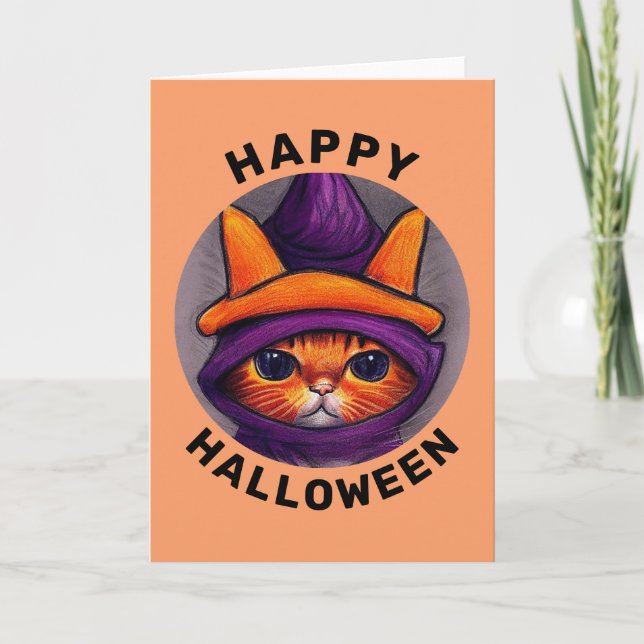 Orange Cat with Purple Witch Hat Happy Halloween  Card (Front)