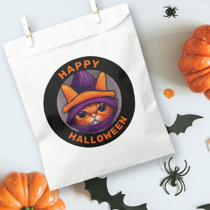Orange Cat with Purple Witch Hat Happy Halloween Favour Bags