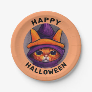 Orange Cat with Purple Witch Hat Happy Halloween Paper Plate