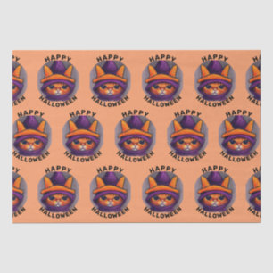 Orange Cat with Purple Witch Hat Happy Halloween Tissue Paper