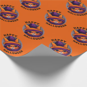 Orange Cat with Purple Witch Hat Happy Halloween Wrapping Paper