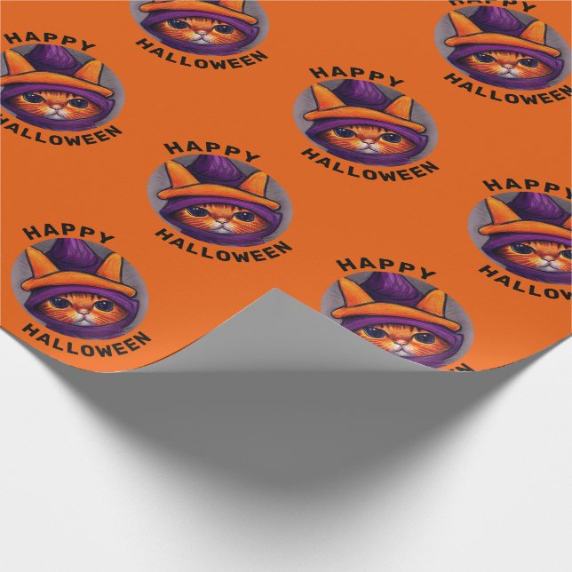 Orange Cat with Purple Witch Hat Happy Halloween Wrapping Paper (Corner)