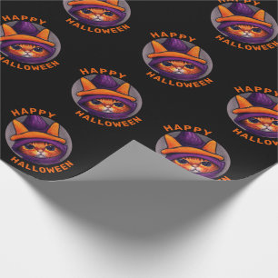 Orange Cat with Purple Witch Hat Happy Halloween Wrapping Paper