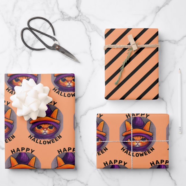 Orange Cat with Purple Witch Hat Happy Halloween Wrapping Paper Sheet (Front)