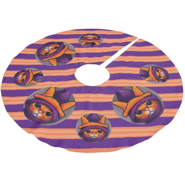 Orange Cat with Purple Witch Hat Stripe Halloween  Brushed Polyester Tree Skirt (Angled)