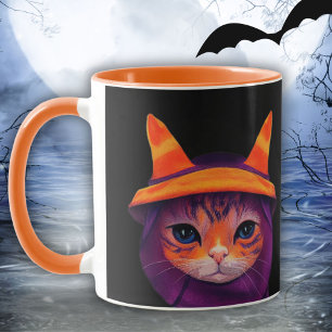 Orange Cat with Witch Hat Halloween Black Mug