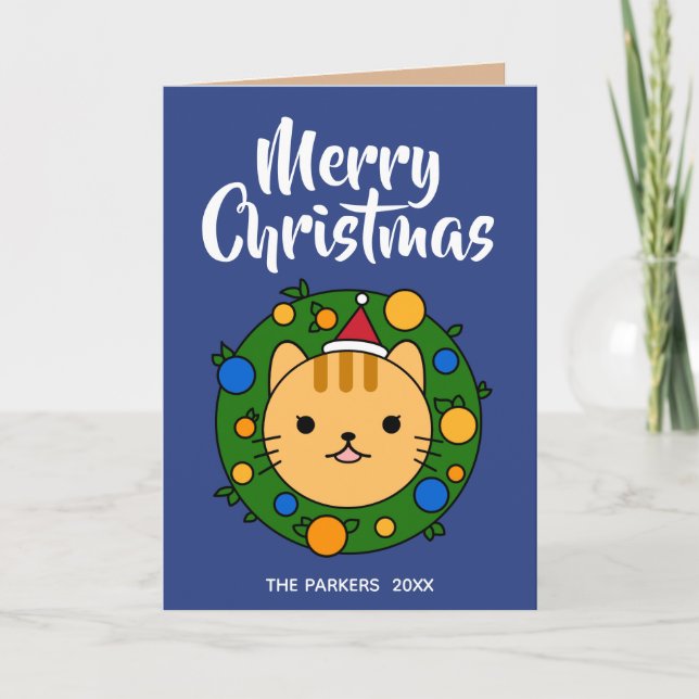 Orange Cat Wreath Blue | Merry Christmas Photo Holiday Card (Front)