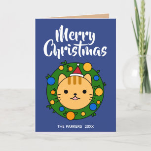 Orange Cat Wreath Blue   Merry Christmas Photo Holiday Card