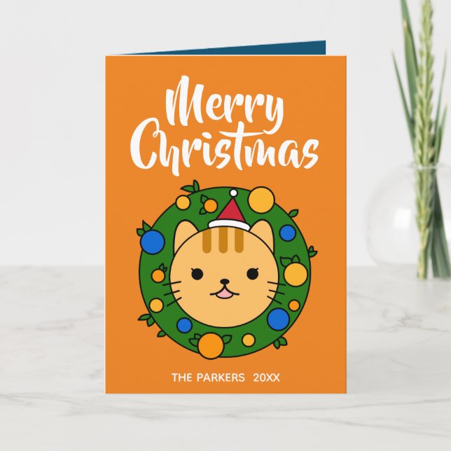 Orange Cat Wreath Orange | Merry Christmas Photo Holiday Card (Front)