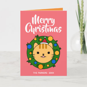 Orange Cat Wreath Pink   Merry Christmas Photo Holiday Card