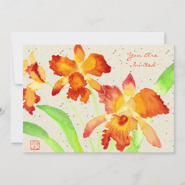 Orange Cattleya Orchids Watercolor Painting Invitation (Front)