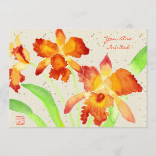 Orange Cattleya Orchids Watercolor Painting Invitation