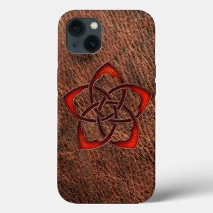 Orange celtic knot flower on genuine leather iPhone 13 case