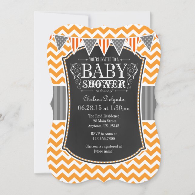 Orange Chalkboard Chevron Baby Shower Invite (Front)