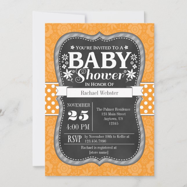 Orange Chalkboard Floral Baby Shower Invite (Front)
