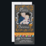 Orange Chalkboard Merry Christmas Photo Card<br><div class="desc">Merry Christmas holiday photo cards with a chalkboard look background,  lots of orange swirls and text that reads Merry Christmas,  a string of colourful tree lights in various colours,  orange hanging ornaments,  and areas you can customise these beautiful and bright holiday photo cards with your photo and names!</div>