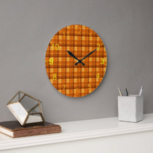 Orange Checked Tartan Print, Large Clock