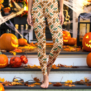 Orange Checkerboard Cherry Pumpkins Pattern Leggings