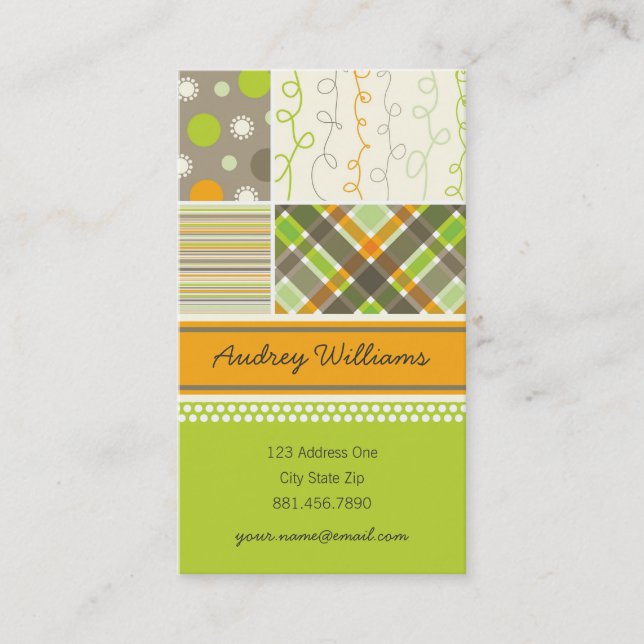 Orange Checks Stripes Dots Scribbles Combo Pattern Business Card (Front)