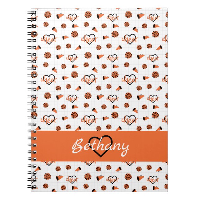 Orange Cheer Hearts, Pom Poms, Megaphone Pattern Notebook (Front)