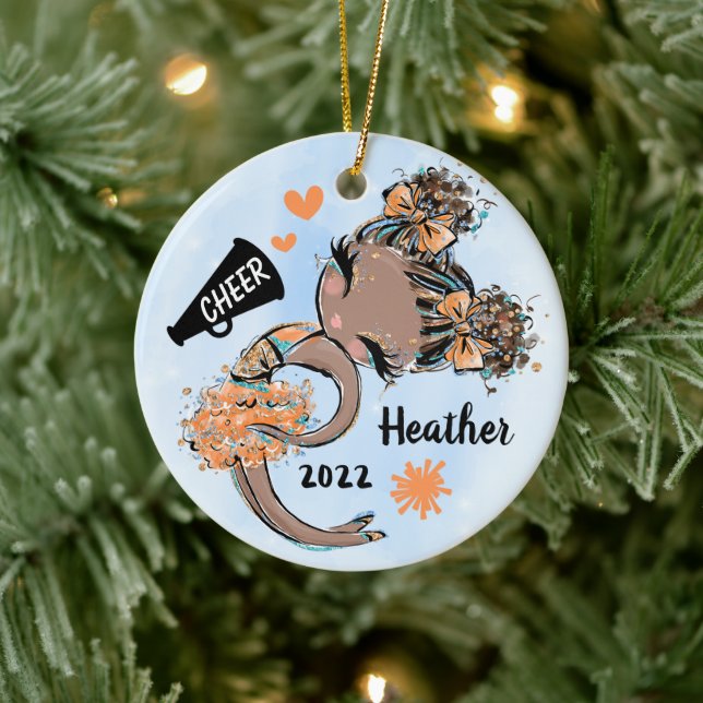 Orange Cheerleader Girl Ornament Dark Skin &  Hair (Tree)