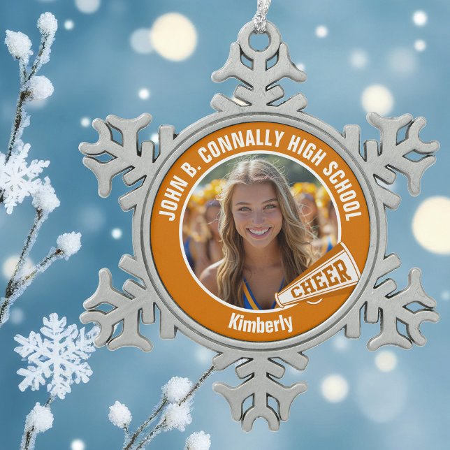 Orange Cheerleader Photo High School Cheer Snowflake Pewter Christmas Ornament (Creator Uploaded)