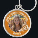 Orange Cheerleader Photo High School Spirit Key Ring<br><div class="desc">This cool customised high school cheerleader photo gift features white typography of your team and player name on an orange keychain with a cheer megaphone. Personalise with your student's photograph and class year as a proud cheerleading parent. A great gift for a mum or dad.</div>