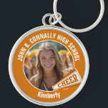 Orange Cheerleader Photo High School Spirit Key Ring<br><div class="desc">This cool customised high school cheerleader photo gift features white typography of your team and player name on an orange keychain with a cheer megaphone. Personalise with your student's photograph and class year as a proud cheerleading parent. A great gift for a mum or dad.</div>
