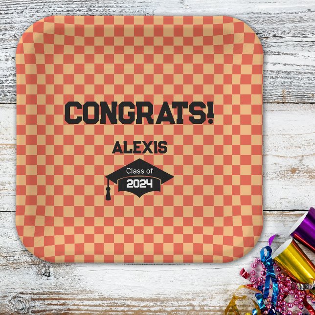 Orange Chequerboard Graduation Party  Paper Plate (Creator Uploaded)