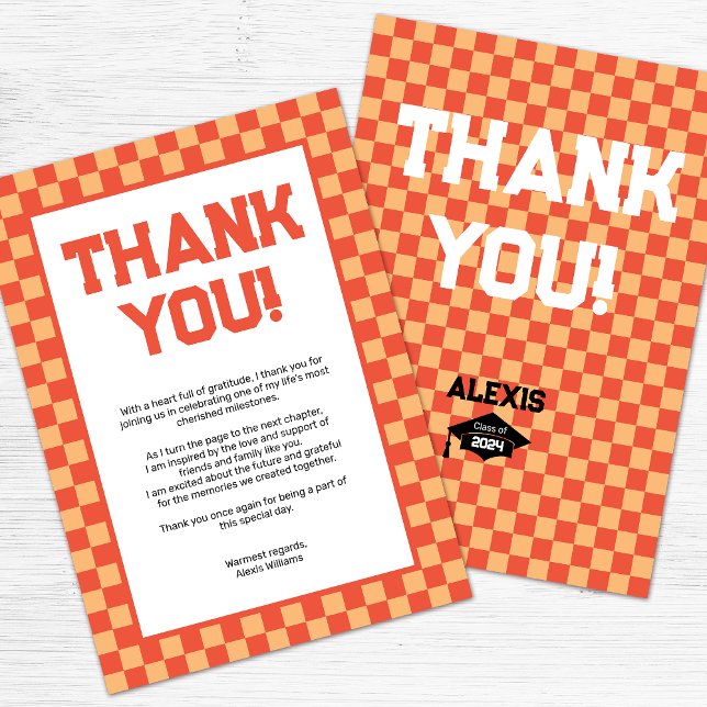 Orange Chequerboard Graduation Party  Thank You Card (Creator Uploaded)