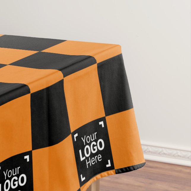Orange Chequered Business Logo Work Event / Party Tablecloth (In Situ)
