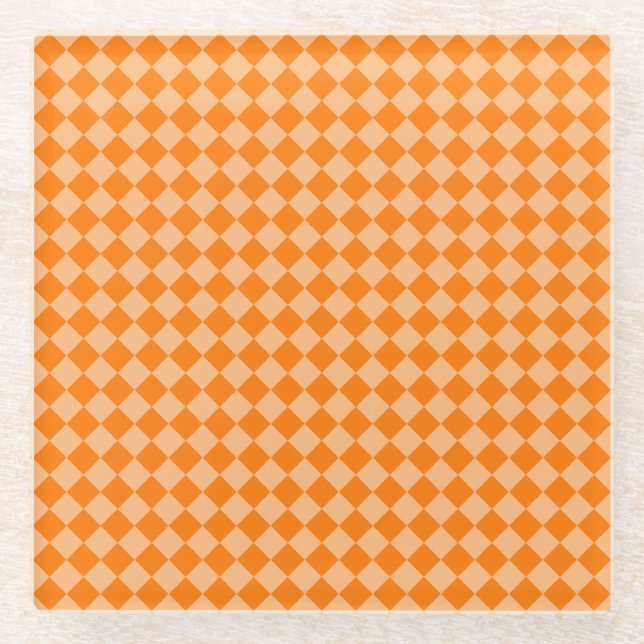 Orange Chequered Diamond Pattern Glass Coaster (Front)