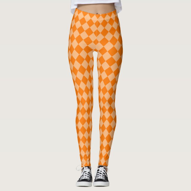 Orange Chequered Diamond Pattern Leggings (Front)