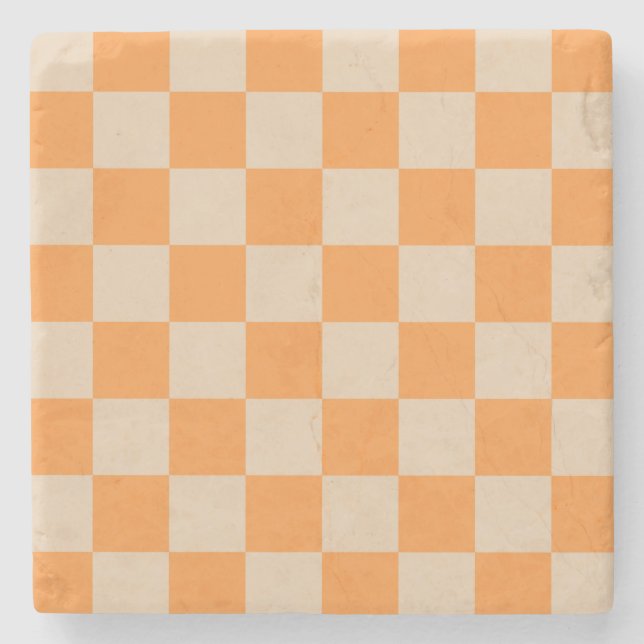 Orange Chequered Gingham Pattern Stone Coaster (Front)