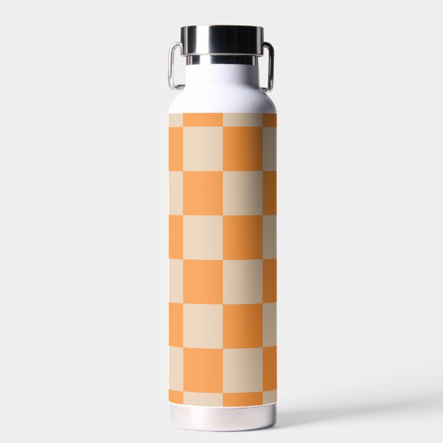 Orange Chequered Gingham Pattern Water Bottle (Front)