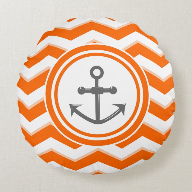 Orange chevron and anchor sailing pattern round cushion (Front)