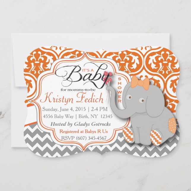 Orange & Chevron Elephant Baby Shower Invite (Front)