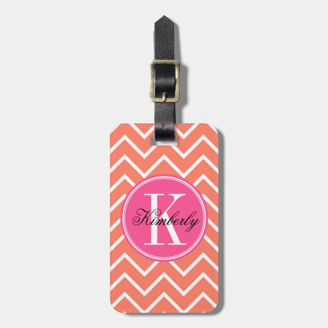 Orange Chevron with Pink Monogram Luggage Tag (Front Vertical)